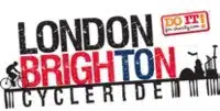 Logo for the London to Brighton Cycle Ride, featuring bold text and silhouettes of cyclists. A small DO IT! for charity.com badge is in the top right corner.