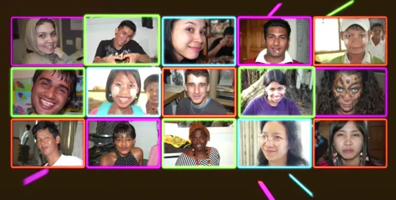 A collage of 16 diverse people’s portraits, each smiling or posing, framed in colourful neon borders against a dark background with diagonal neon streaks.