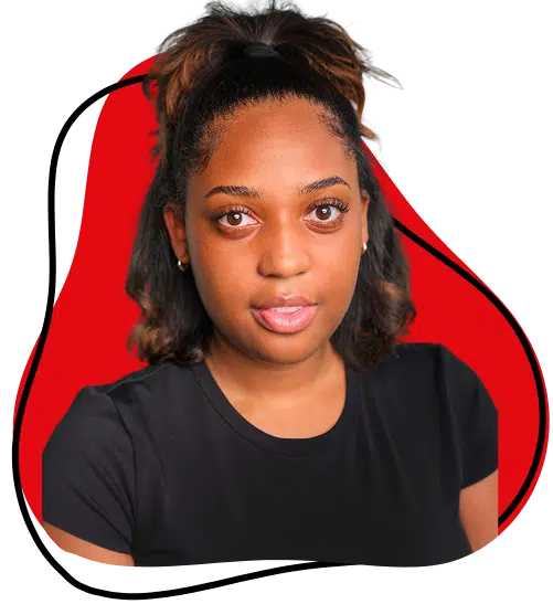 A woman with medium-dark skin and shoulder-length brown hair, wearing a black shirt, looks directly at the camera. The background features a red abstract shape outlined in black.