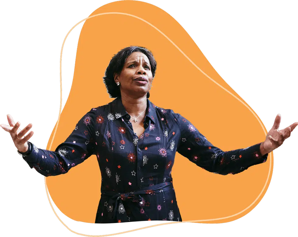 A woman with her arms outstretched.