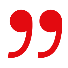 Large red closing quotation marks on a light grey background.