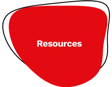 A bold red abstract shape with the word Resources in white text centred on it, outlined by two irregular black lines.