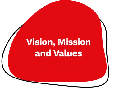 Red abstract shape with a black outline containing the white text Vision, Mission and Values centred inside.