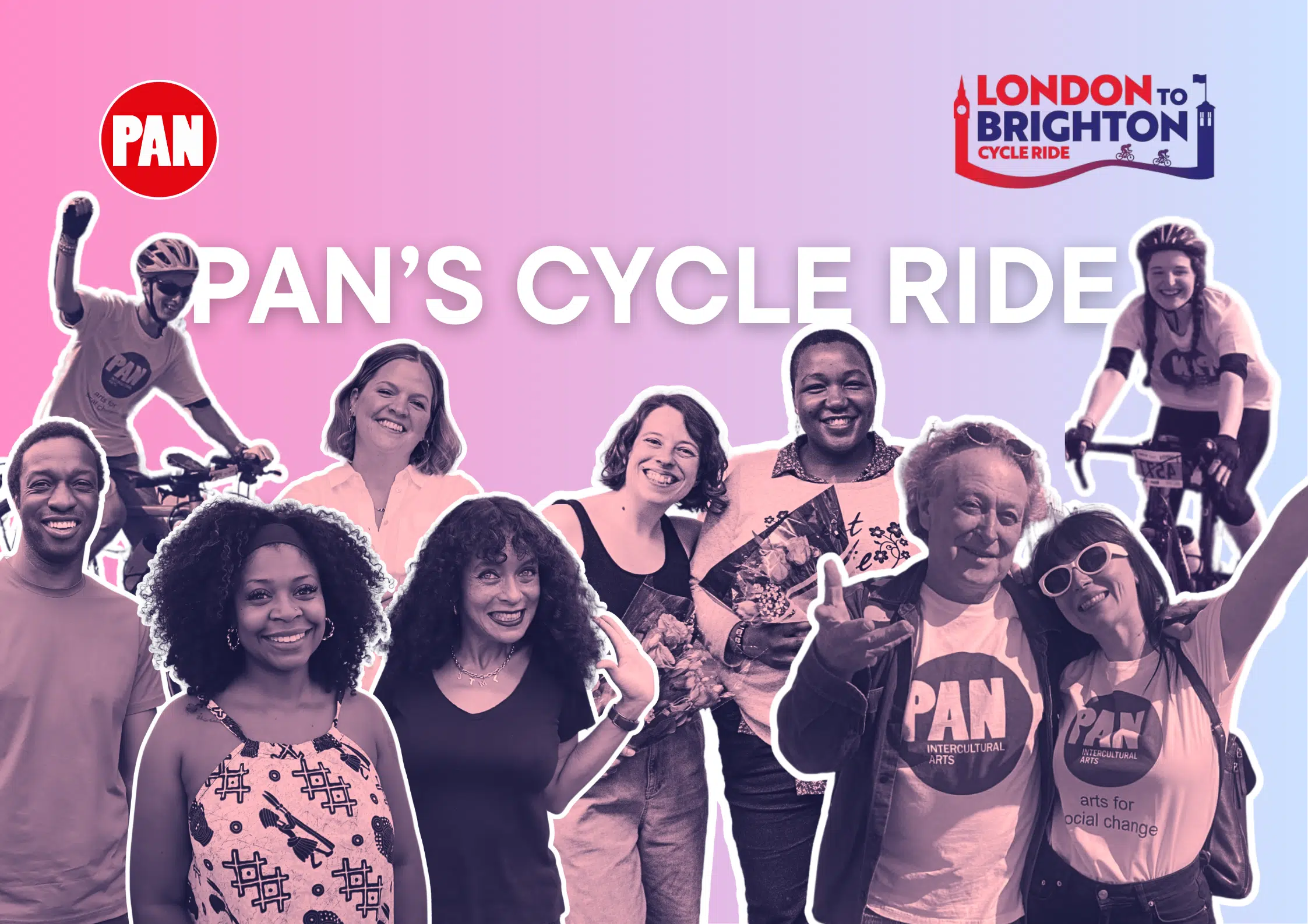 A group of diverse people, some in PAN t-shirts, smile and pose together. Cyclists with bikes appear in the background. Text reads “PANS CYCLE RIDE” and “London to Brighton Cycle Ride” with the PAN logo on a pink and purple gradient background.